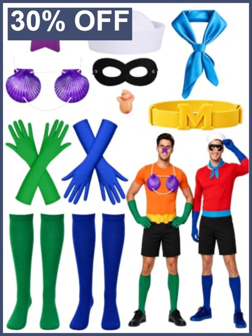 11 Pc Merman Sailor Halloween Costume Set Couples Adult Seashell Bra Hat Scarf